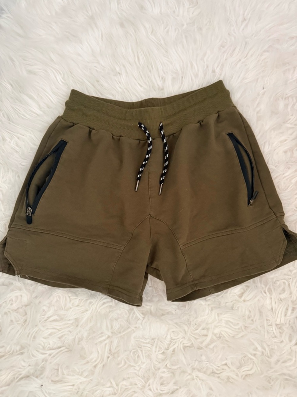 Men's Olive Athletic Drawstring Shorts with Zippered Pockets